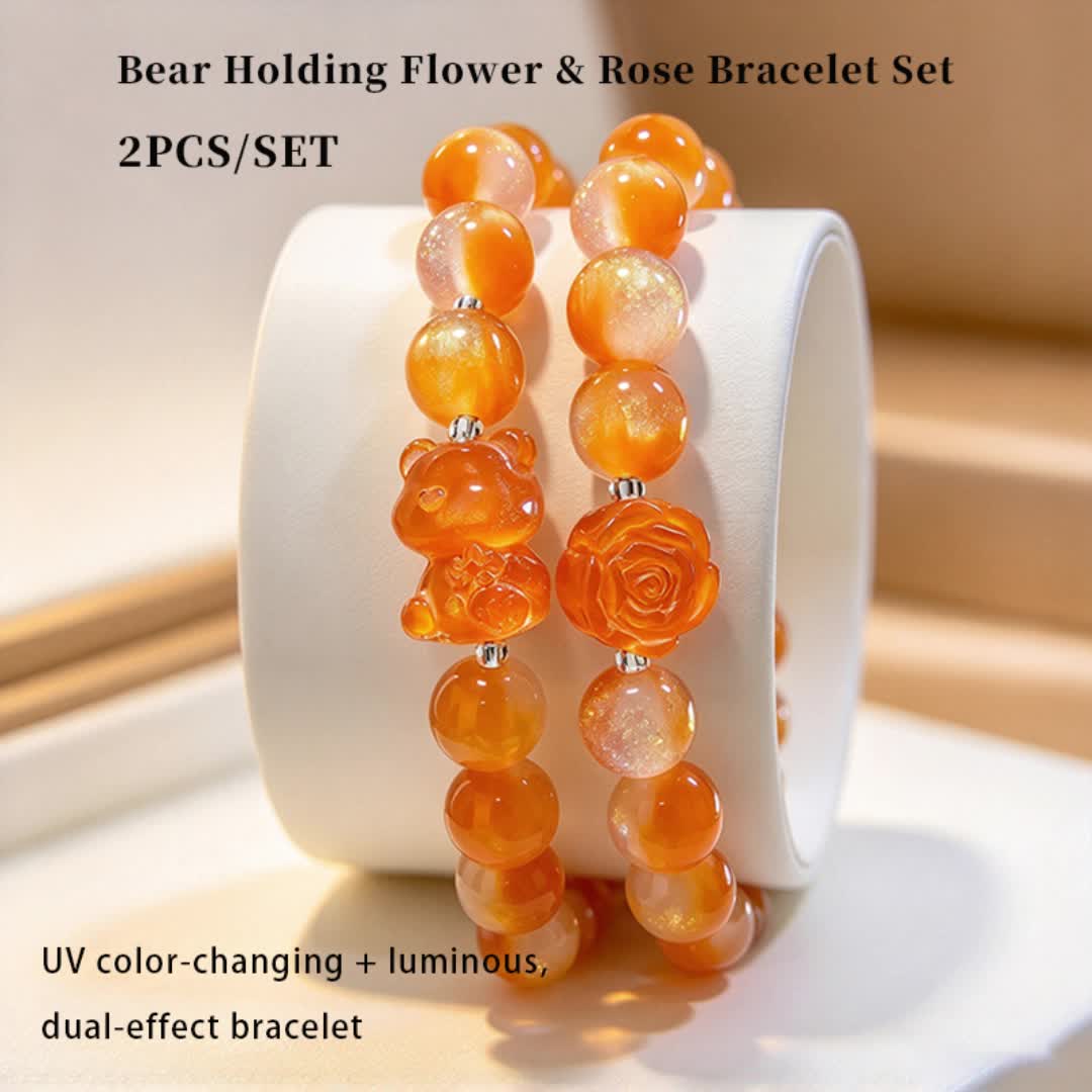 2pcs Cuddly Bear & Rose Bead Bracelet Set, Luminous Design
